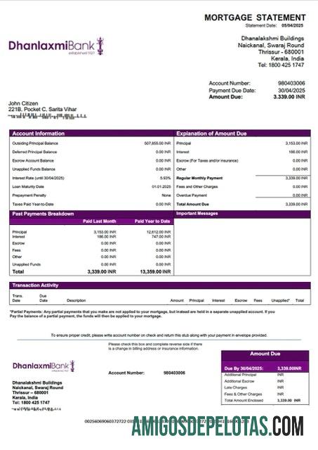 em branco Modelo Word e PDF de extrato de hipoteca do Banco Dhanlaxmi da Índia